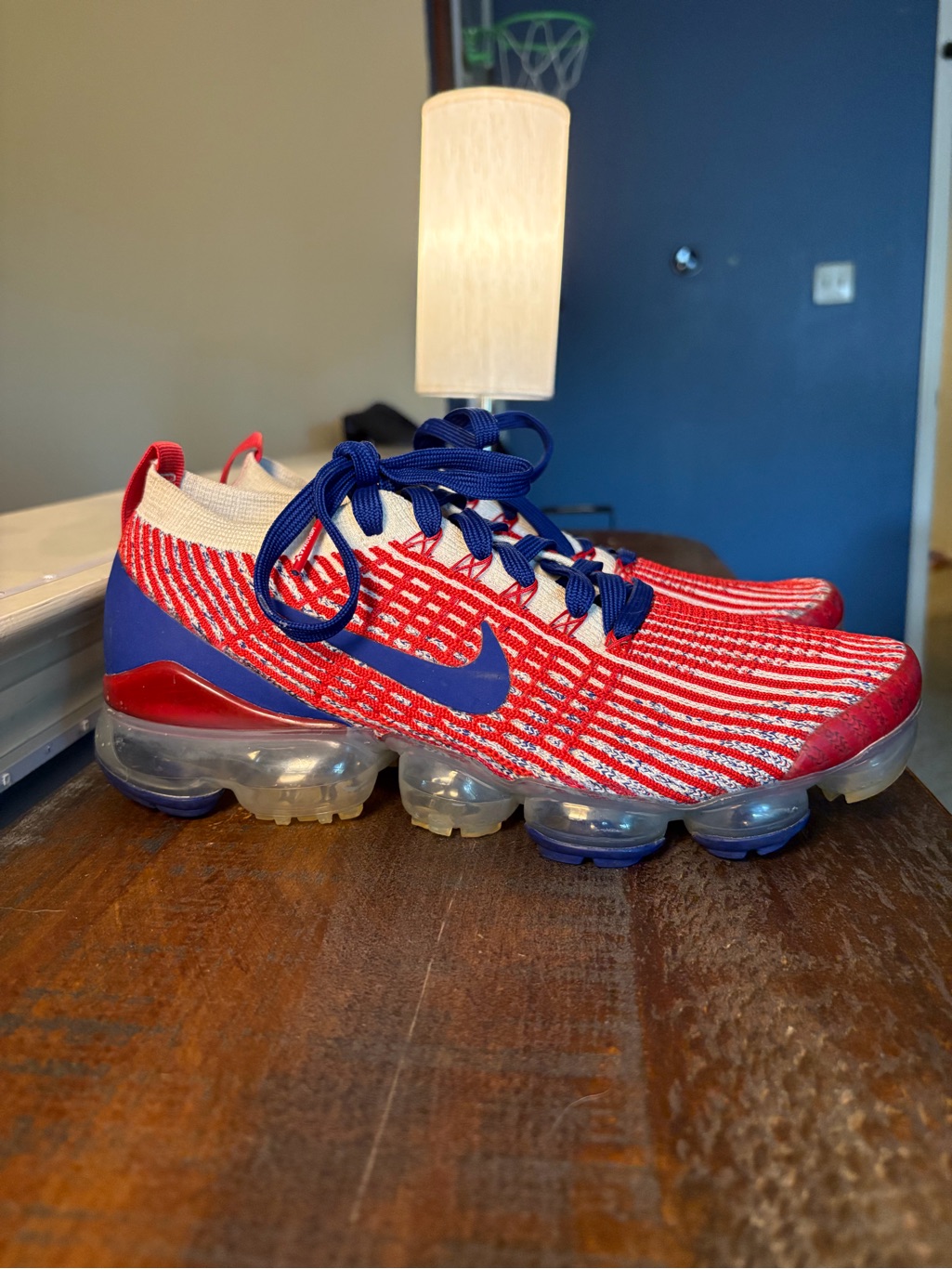 Nike Men's Air Vapormax Flyknit 3 Running Shoes In A Red, White, And Blue 7.5